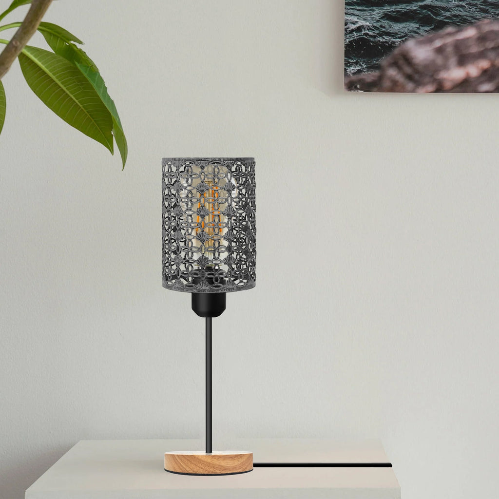 Industrial bedside table lamp with metal barrel cage, natural wooden base, and vintage Edison bulb — view 4