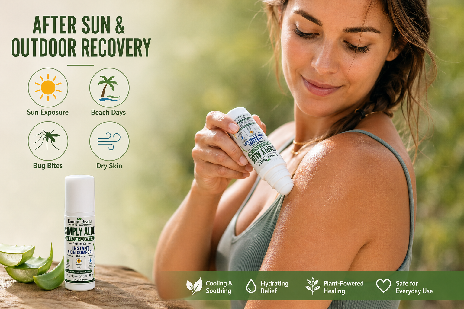 Simply Aloe after-sun recovery gel roll-on tube for soothing and hydrating sun-exposed skin. — view 2