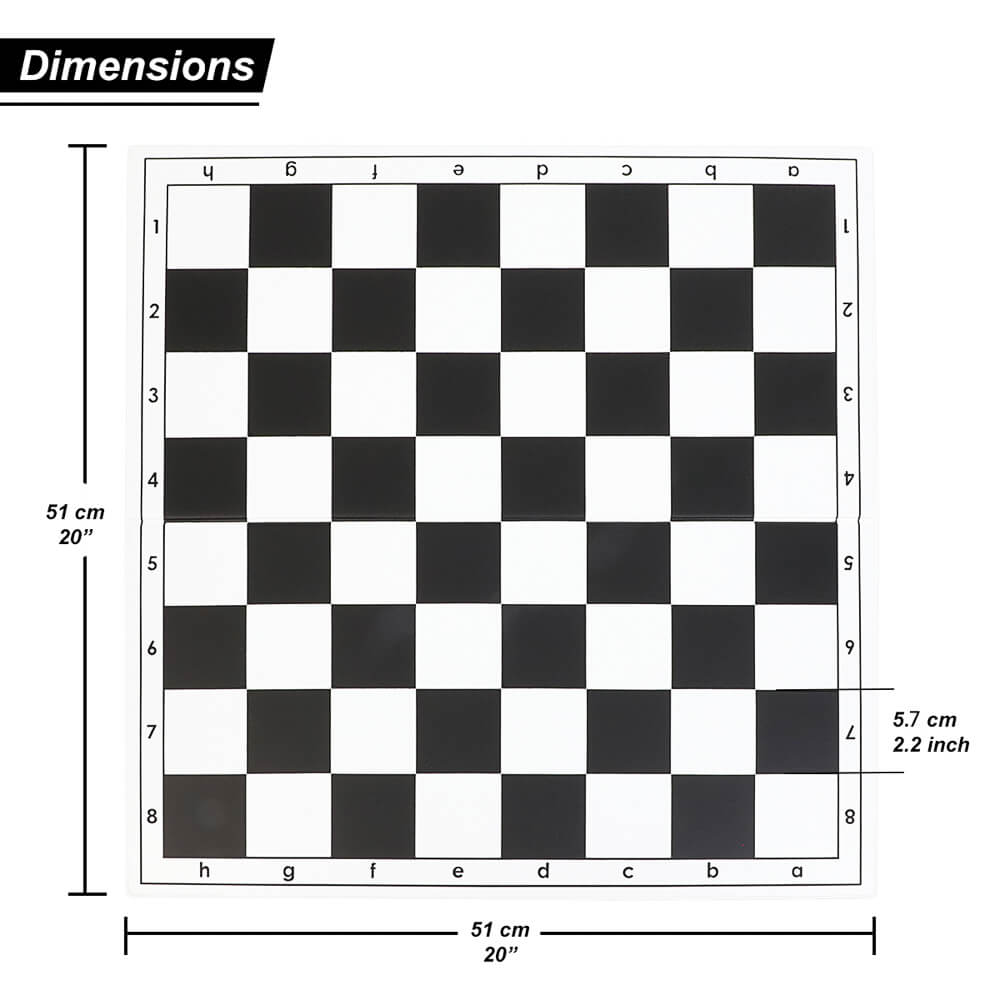 Black and white foldable PVC chess board laid flat for tournament play without pieces