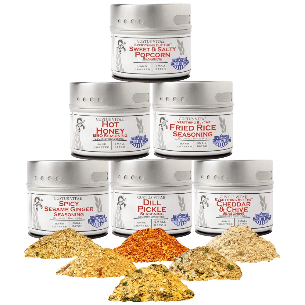 Six elements of flavor gourmet seasoning set in small magnetic tins containing artisanal cooking spice blends