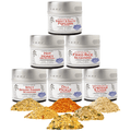 Six elements of flavor gourmet seasoning set in small magnetic tins containing artisanal cooking spice blends