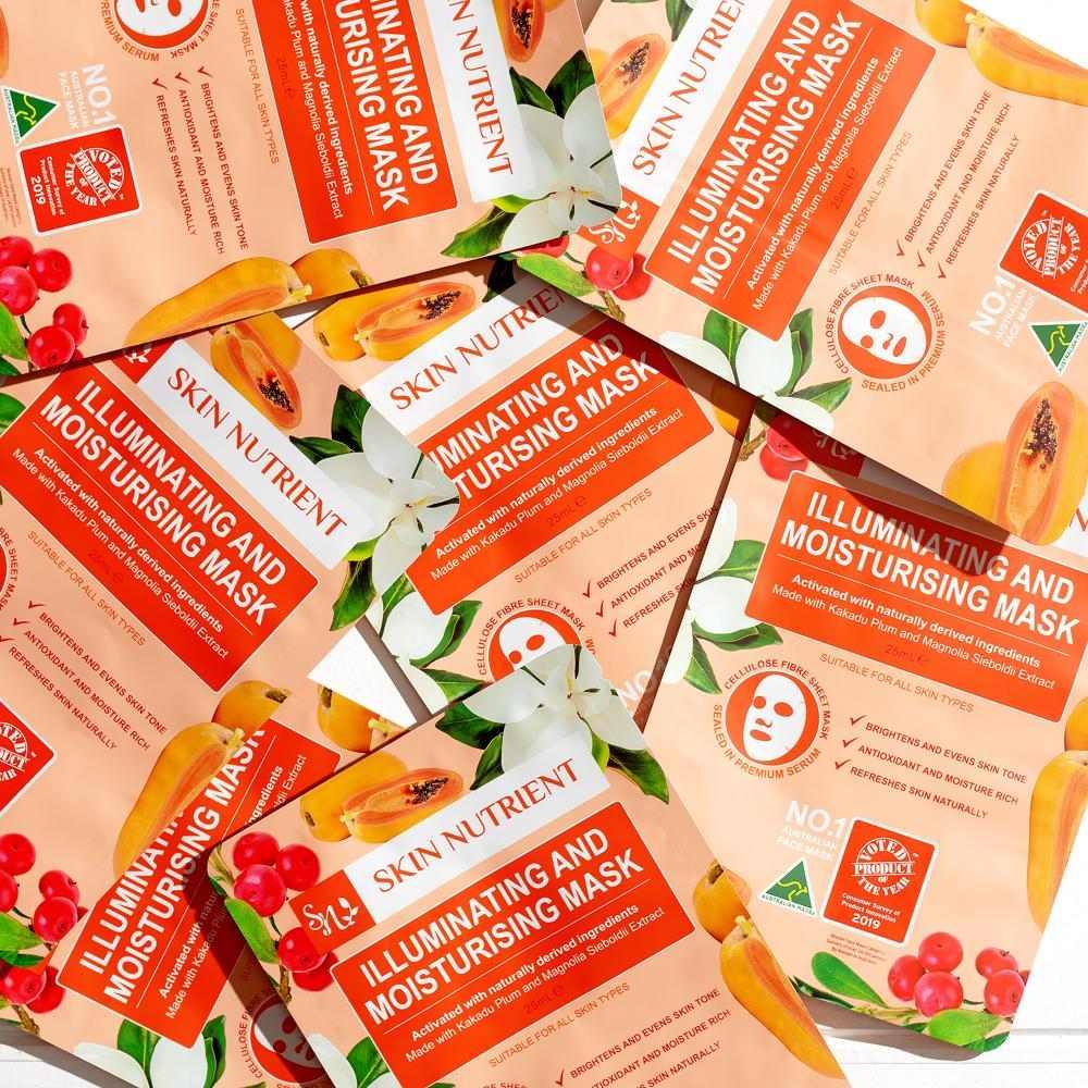 Illuminating and moisturising face mask packaging, box of twelve botanical skincare sheets for glowing skin — view 5