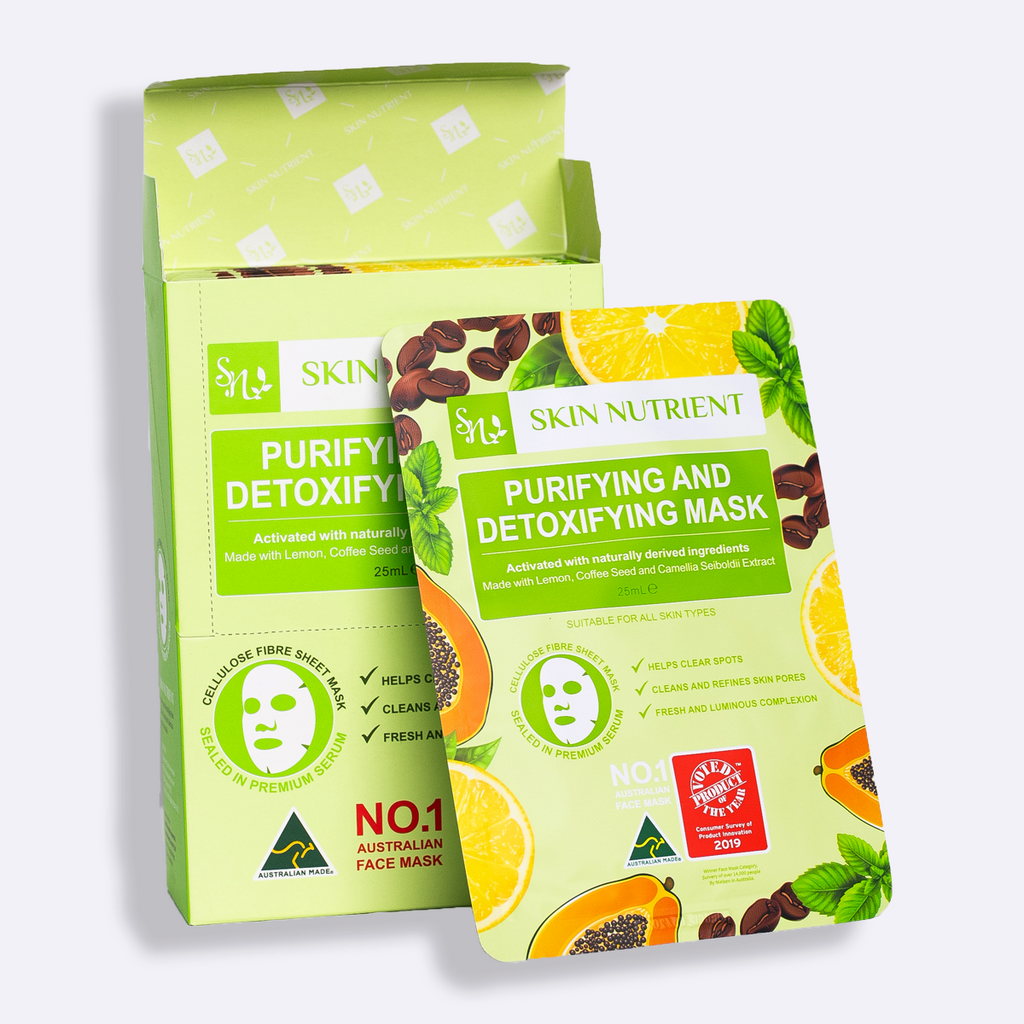 Detoxifying face mask set of twelve in natural packaging featuring lemon and coffee botanical ingredients