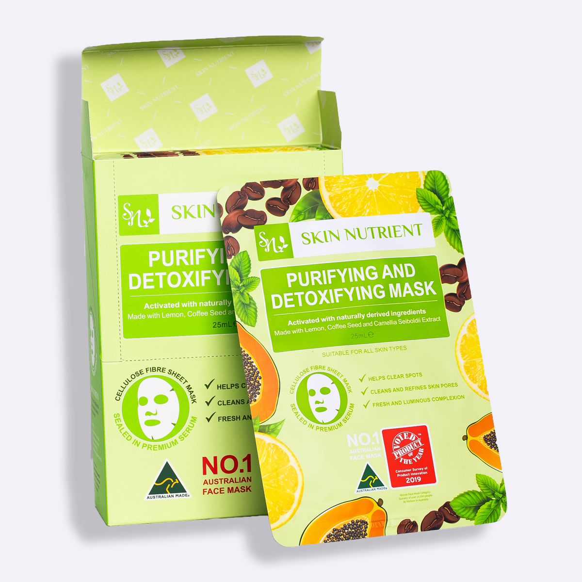 Detoxifying face mask set of twelve in natural packaging featuring lemon and coffee botanical ingredients