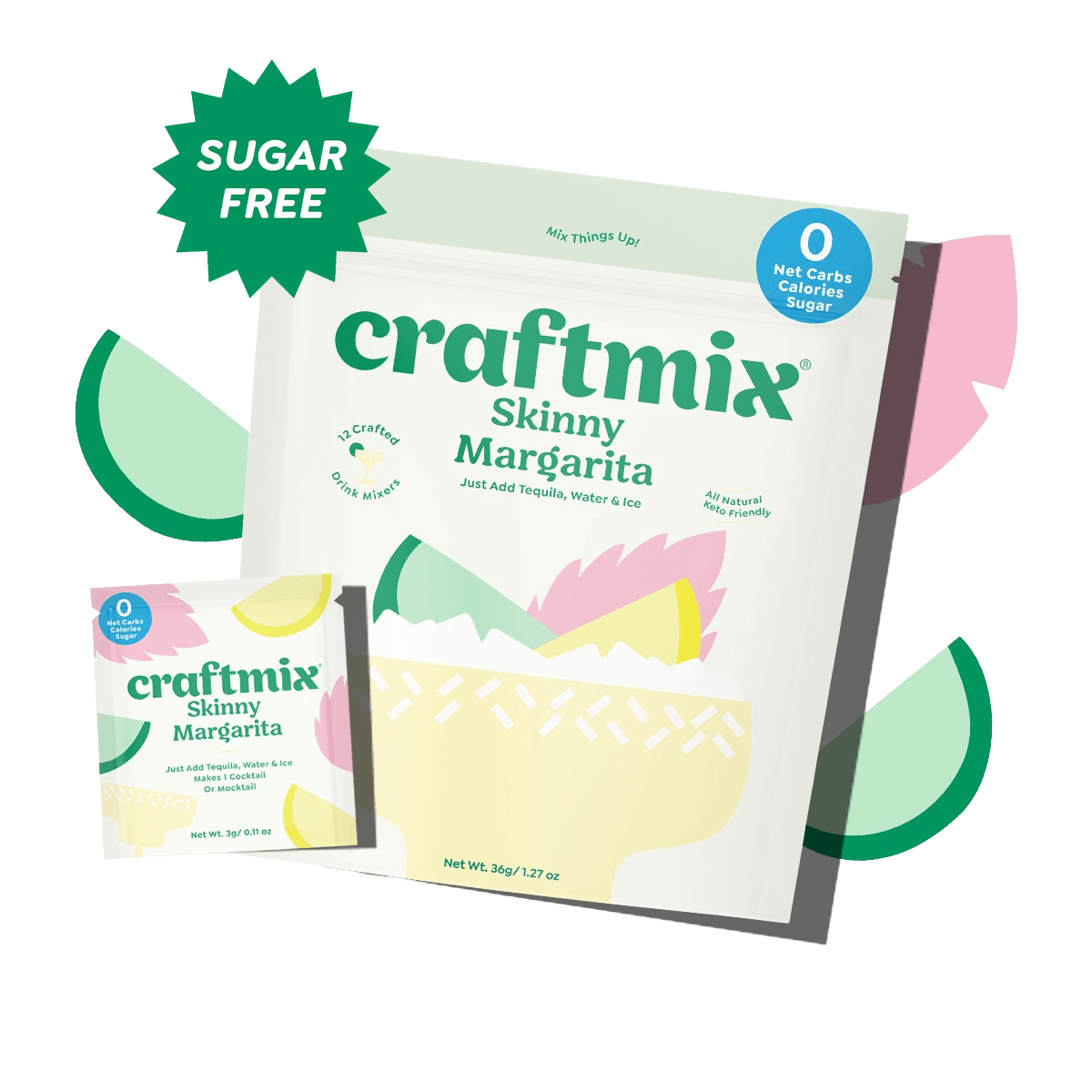 Skinny margarita cocktail mix powder packets and twelve pack box with vibrant fruit graphics — view 2
