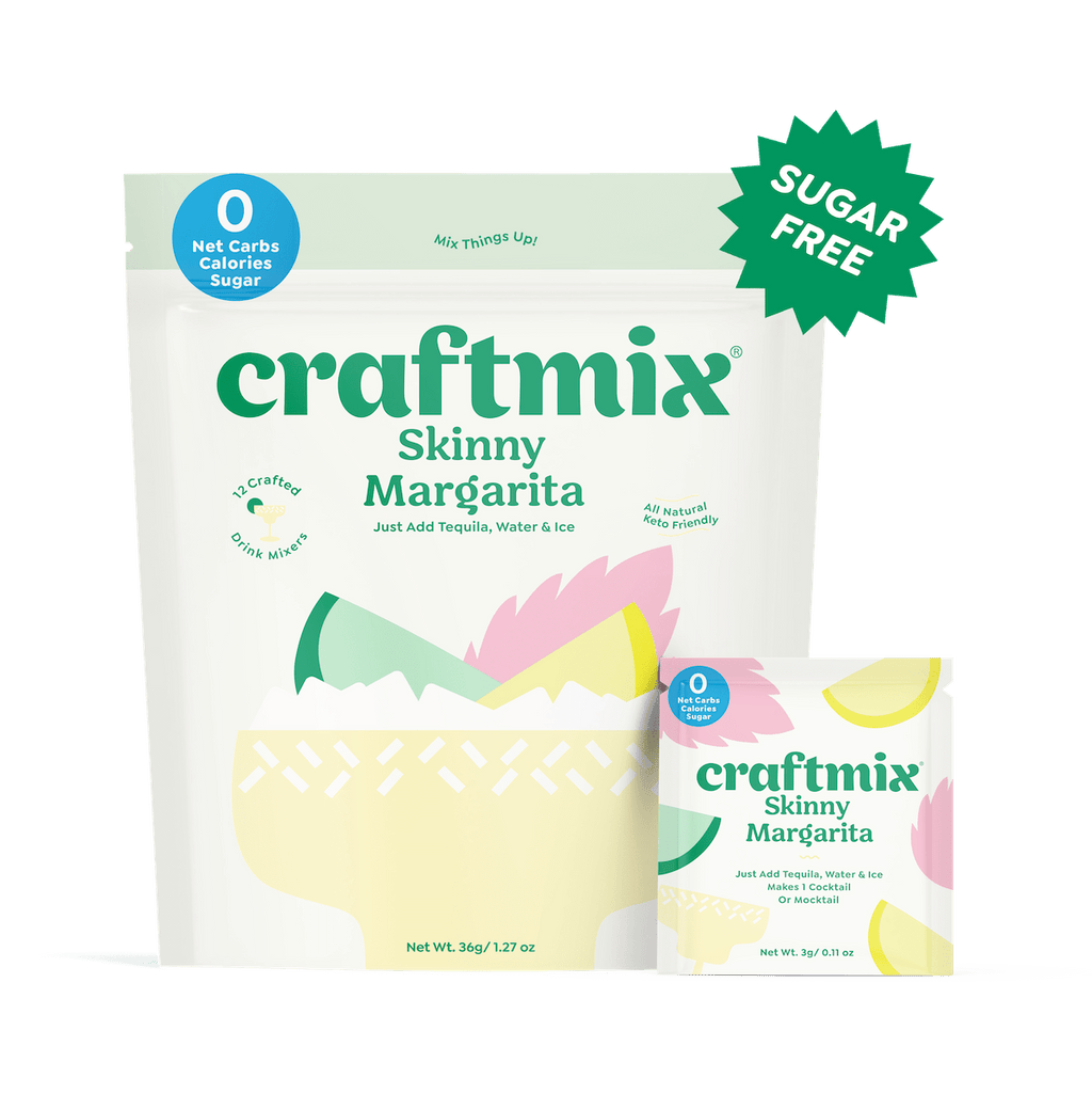 Skinny margarita cocktail mix powder packets and twelve pack box with vibrant fruit graphics