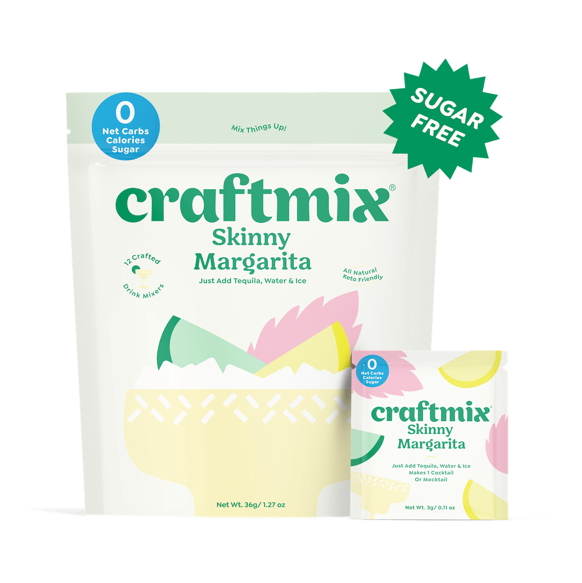 Skinny margarita cocktail mix powder packets and twelve pack box with vibrant fruit graphics