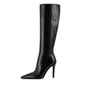 Black leather pointed knee-high boots with croc-embossed finish and stiletto heel