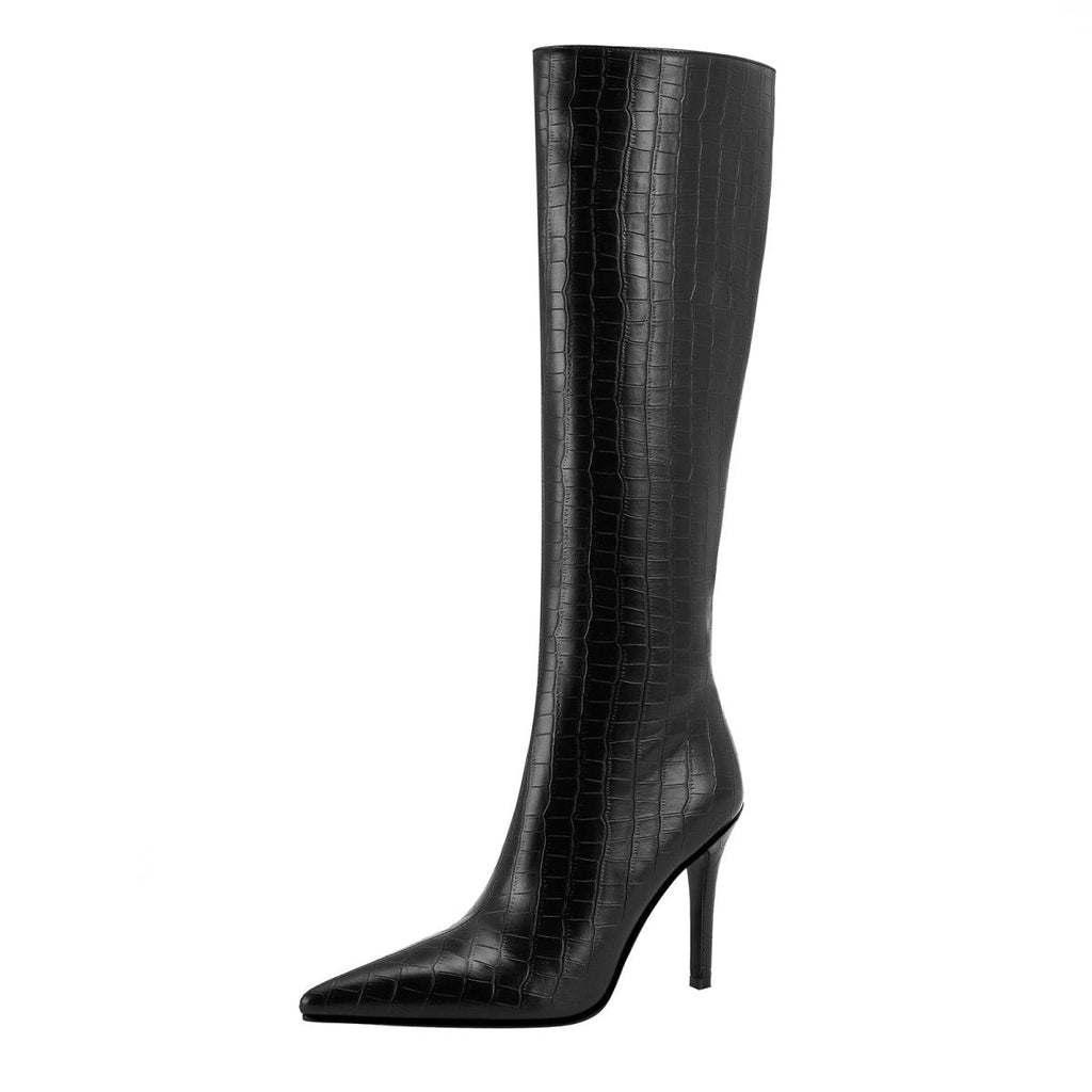 Black leather pointed knee-high boots with croc-embossed finish and stiletto heel — view 3