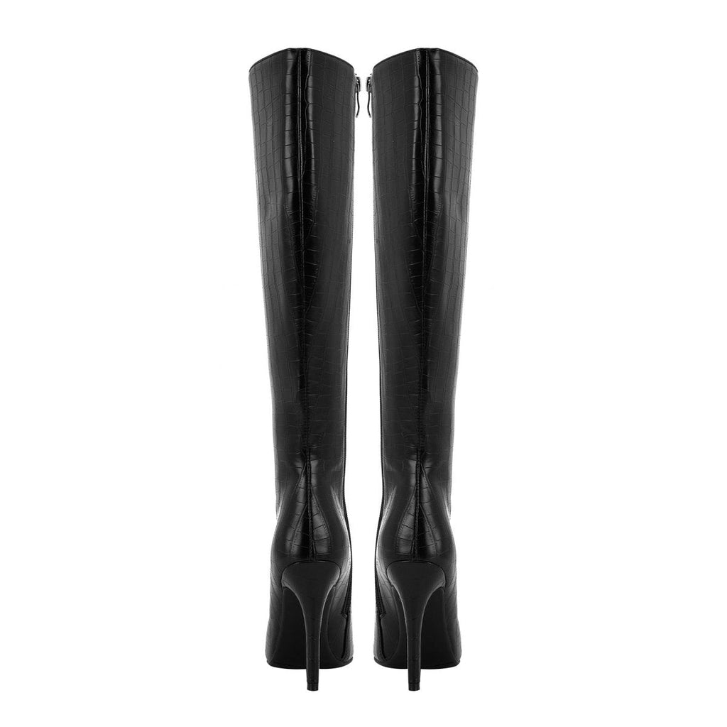 Black leather pointed knee-high boots with croc-embossed finish and stiletto heel — view 5