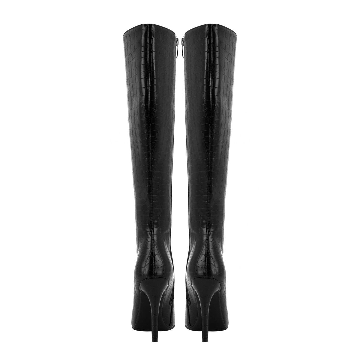 Black leather pointed knee-high boots with croc-embossed finish and stiletto heel — view 5