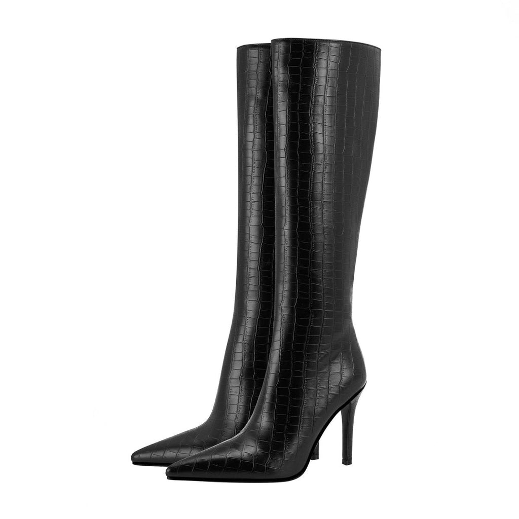 Black leather pointed knee-high boots with croc-embossed finish and stiletto heel — view 4