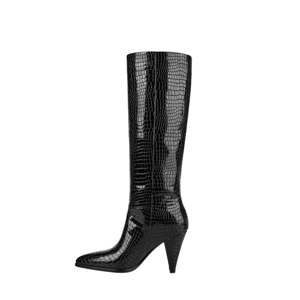 Sleek black croc-embossed knee-high boots with a pointed toe and structural cone heel — view 2