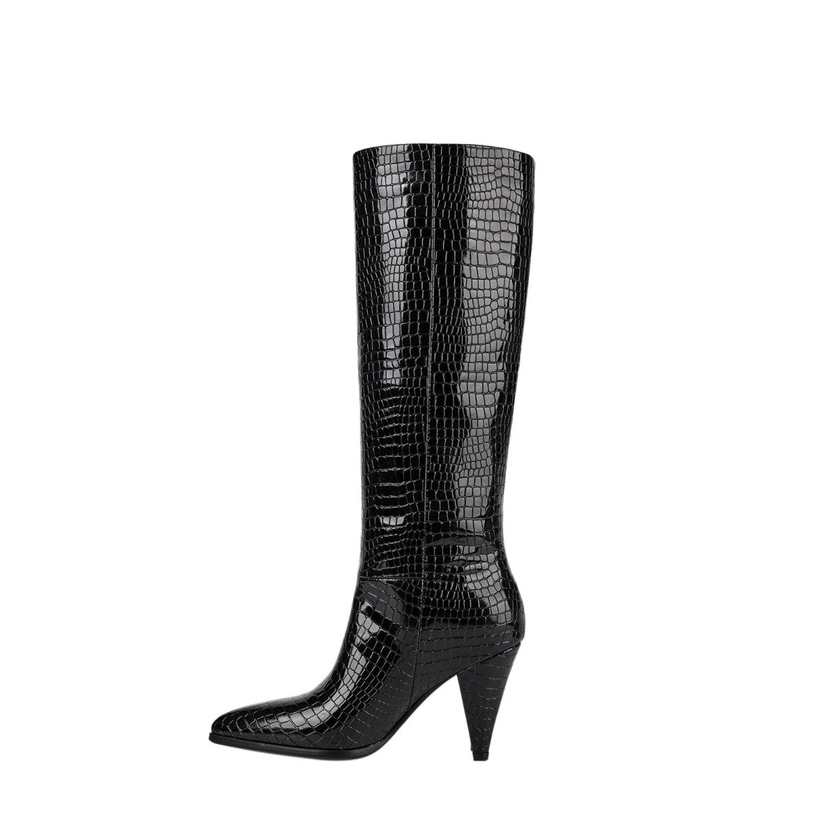 Sleek black croc-embossed knee-high boots with a pointed toe and structural cone heel — view 2