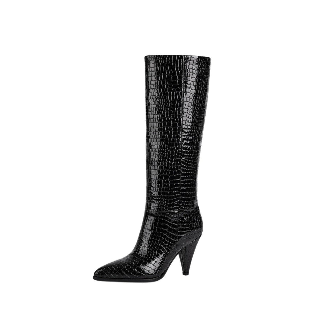 Sleek black croc-embossed knee-high boots with a pointed toe and structural cone heel — view 3