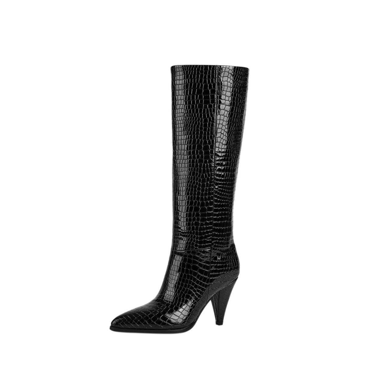 Sleek black croc-embossed knee-high boots with a pointed toe and structural cone heel — view 3