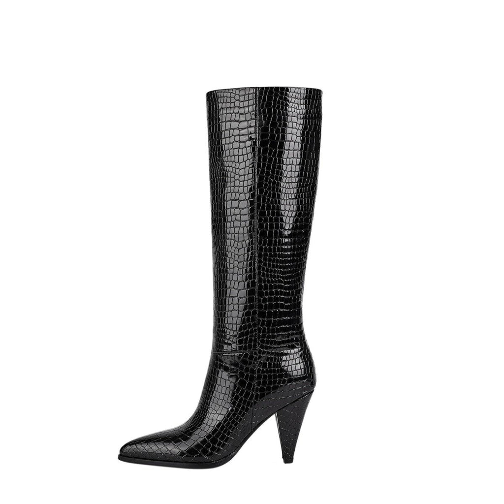 Sleek black croc-embossed knee-high boots with a pointed toe and structural cone heel