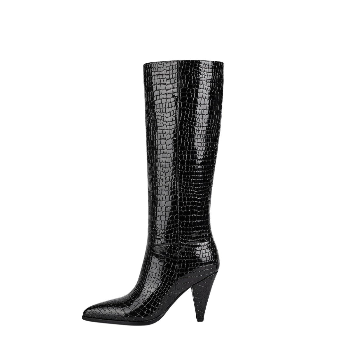 Sleek black croc-embossed knee-high boots with a pointed toe and structural cone heel