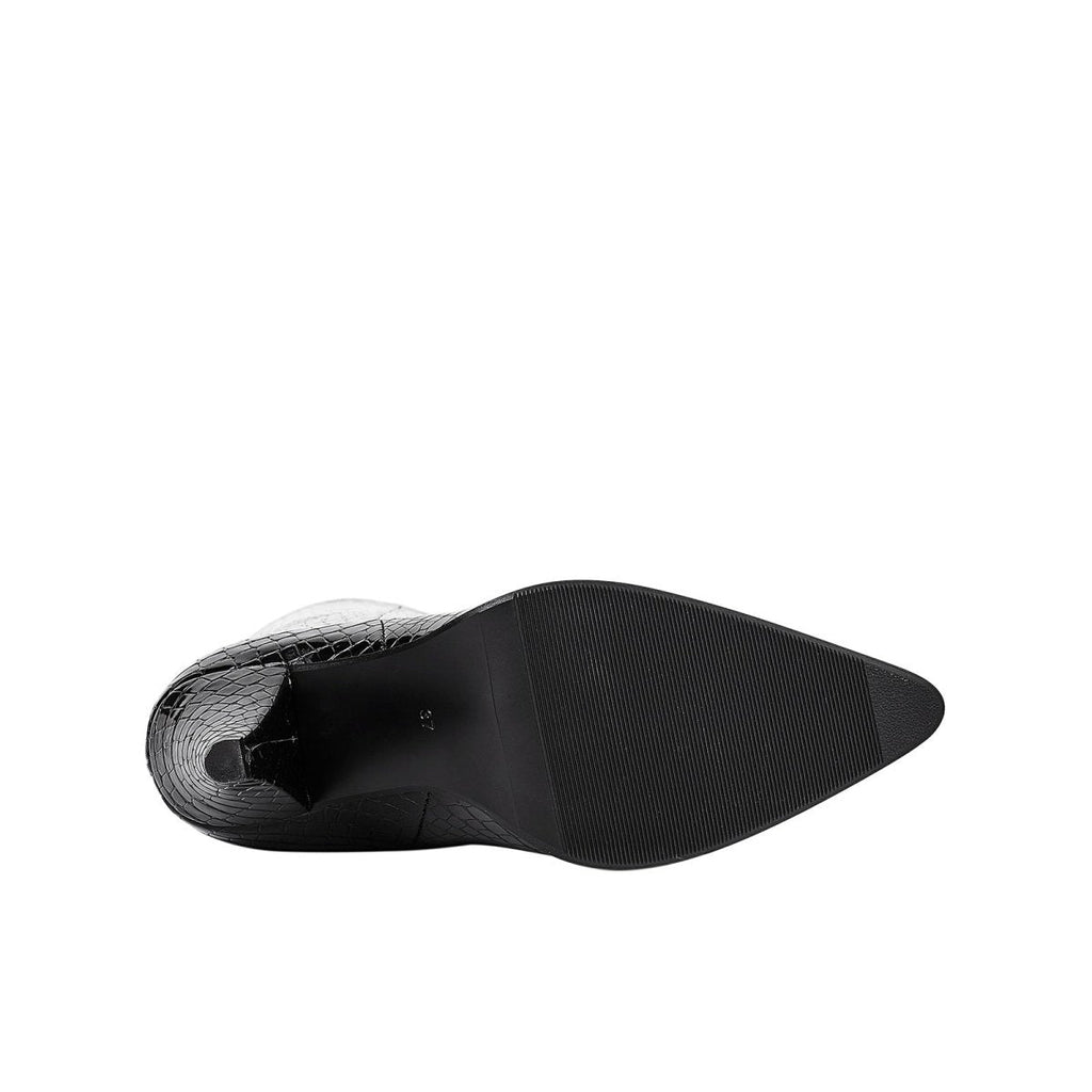 Sleek black croc-embossed knee-high boots with a pointed toe and structural cone heel — view 5
