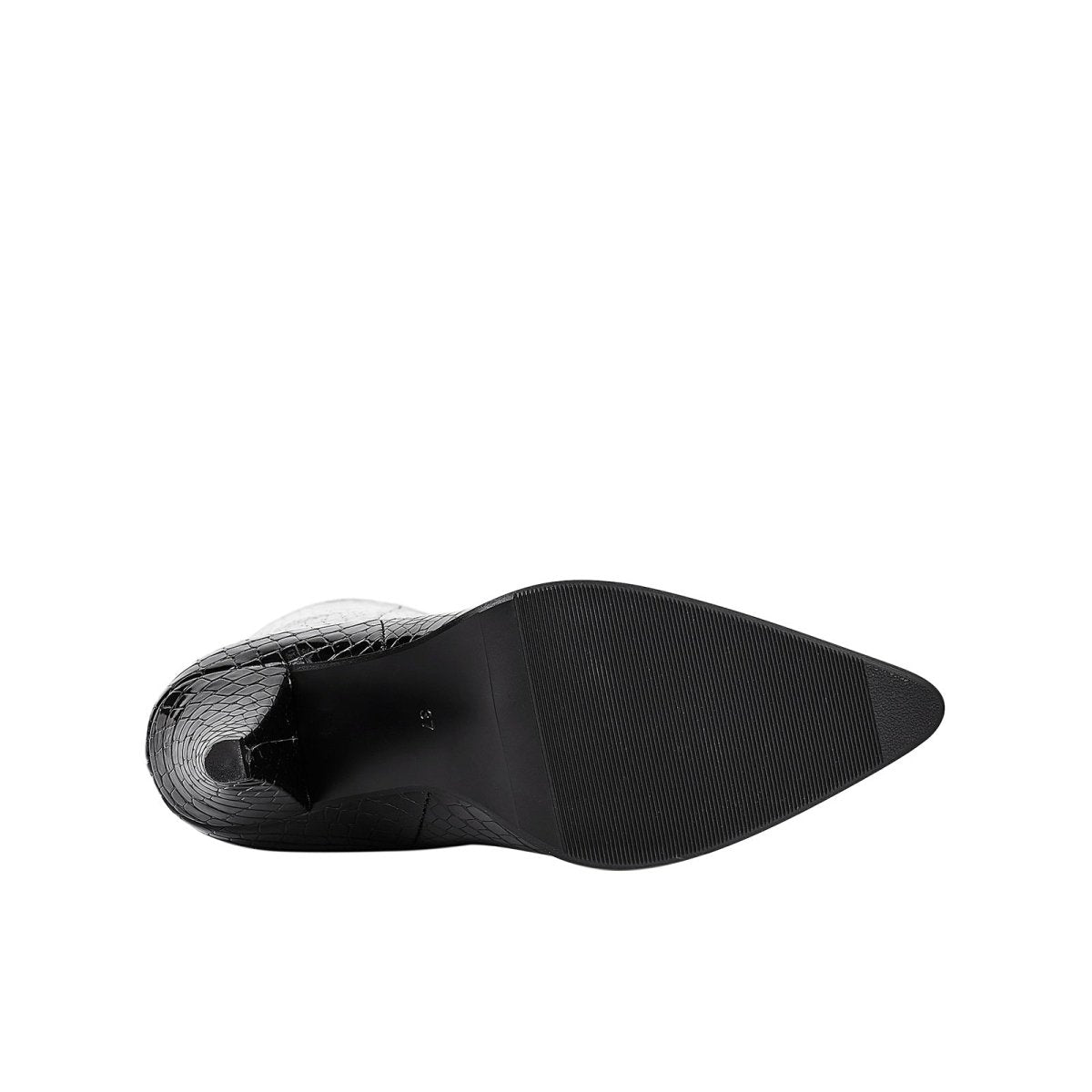 Sleek black croc-embossed knee-high boots with a pointed toe and structural cone heel — view 5