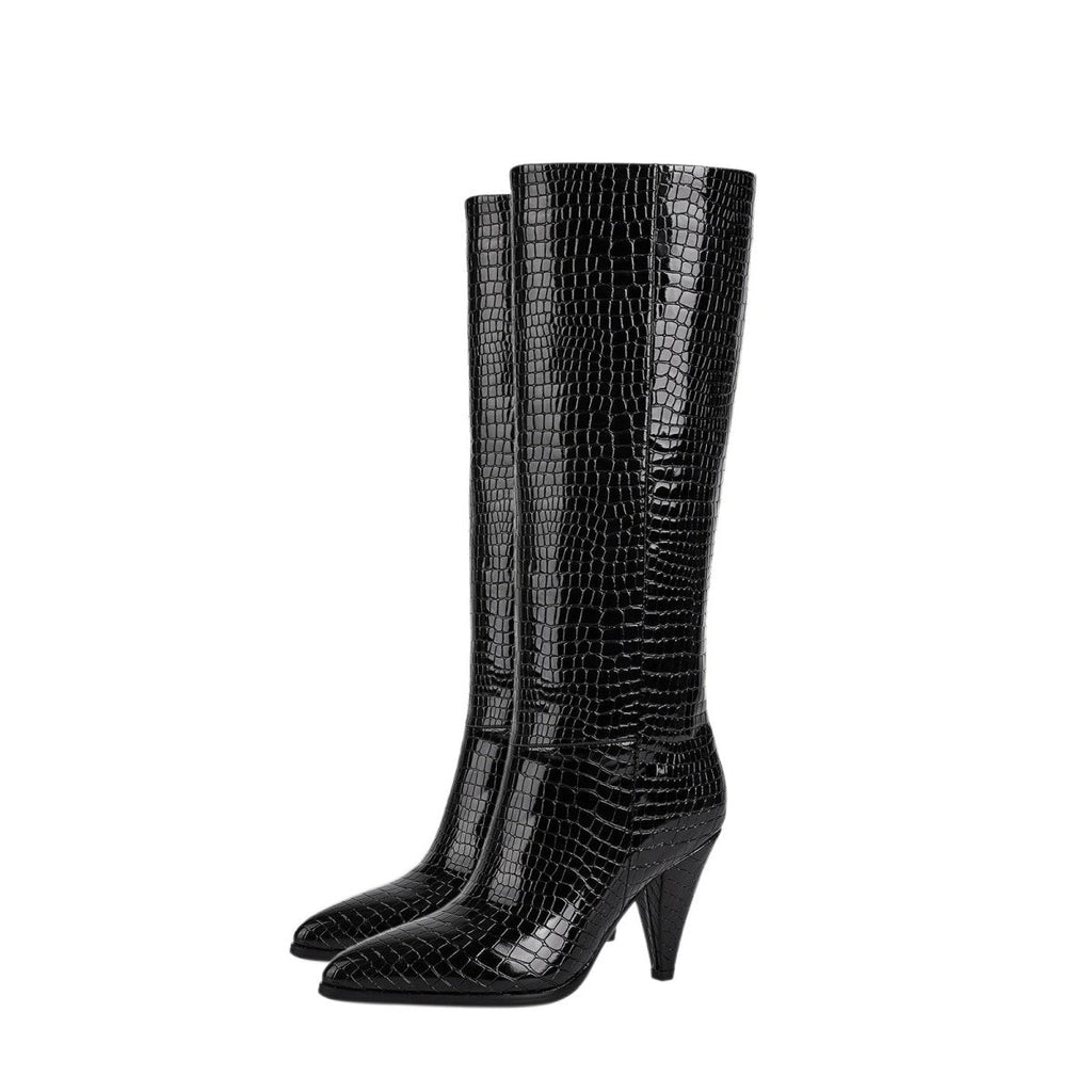 Sleek black croc-embossed knee-high boots with a pointed toe and structural cone heel — view 4
