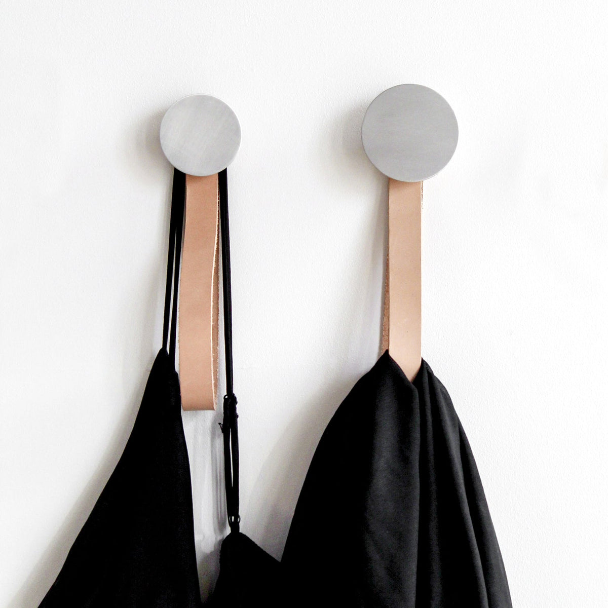 Round Beech Wood & Aluminium Wall Mounted Hook / Hanger with Leather Strap-4