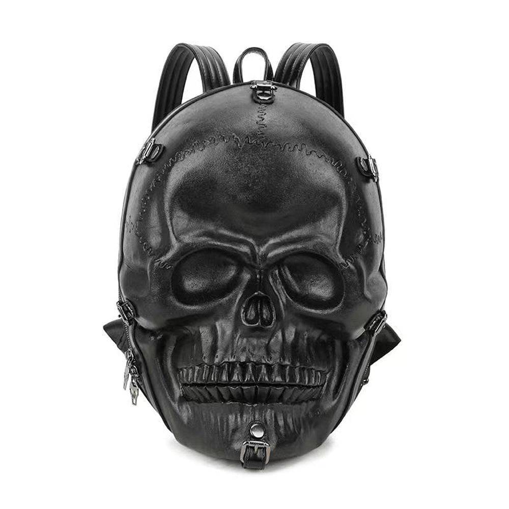 3D skull backpack in black water-resistant PU leather with adjustable shoulder straps and top handle