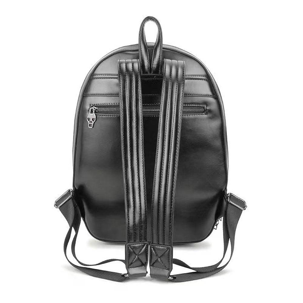 3D skull backpack in black water-resistant PU leather with adjustable shoulder straps and top handle — view 3