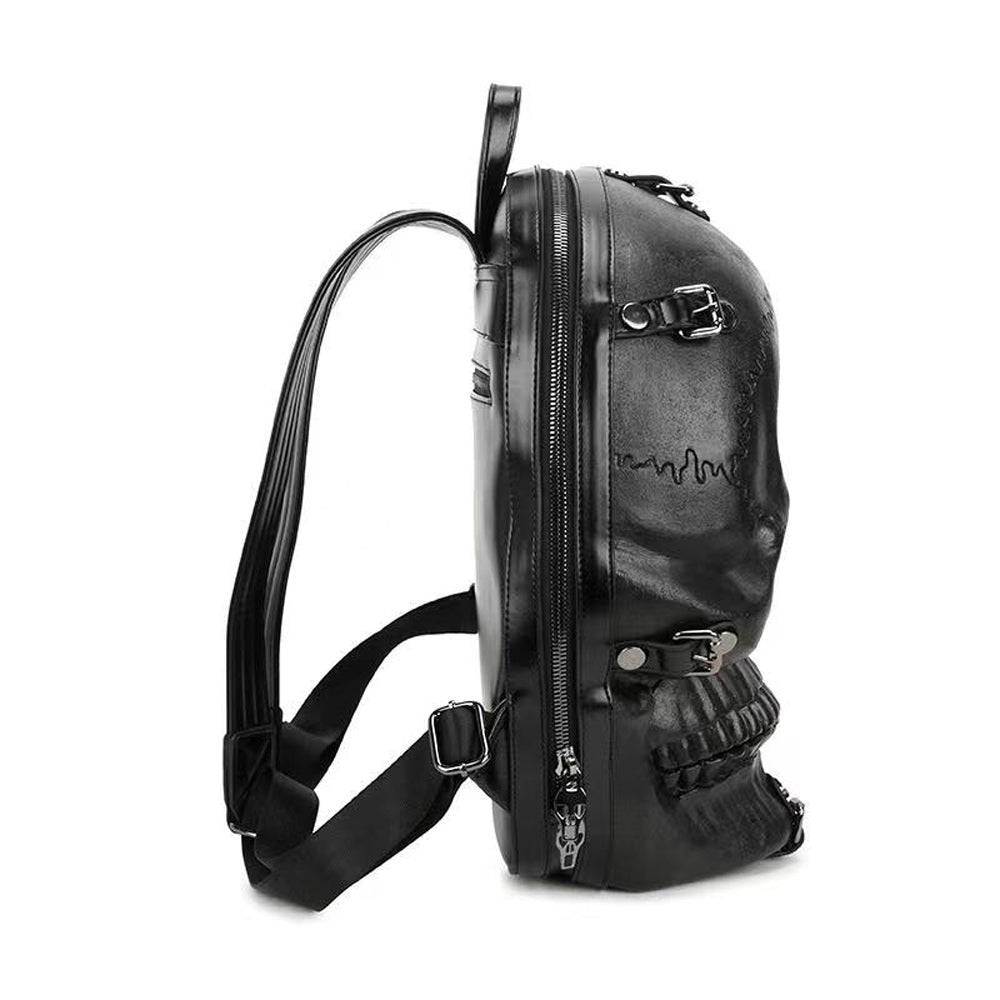 3D skull backpack in black water-resistant PU leather with adjustable shoulder straps and top handle — view 2