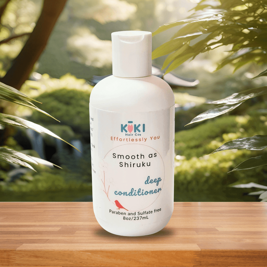 Smooth as Shiruku deep conditioning treatment in eco-friendly bottle for frizz-free, silky soft curly hair