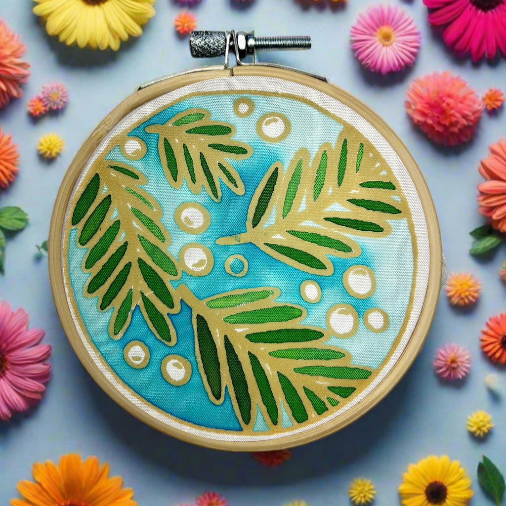 Snow fir mini batik craft kit featuring a painted winter tree in a 10cm wooden ring