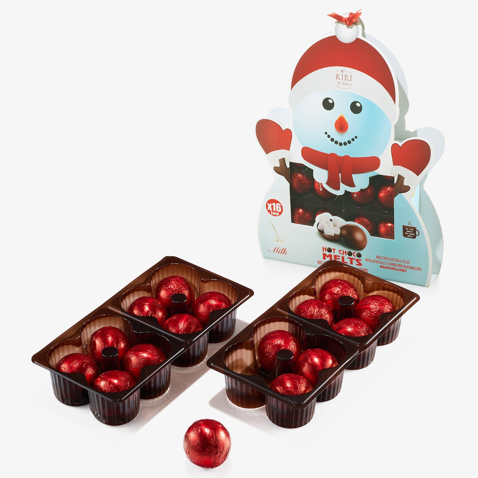 Set of sixteen snowman hot chocolate bombs with milk chocolate, caramel, and fluffy mini marshmallows. — view 5