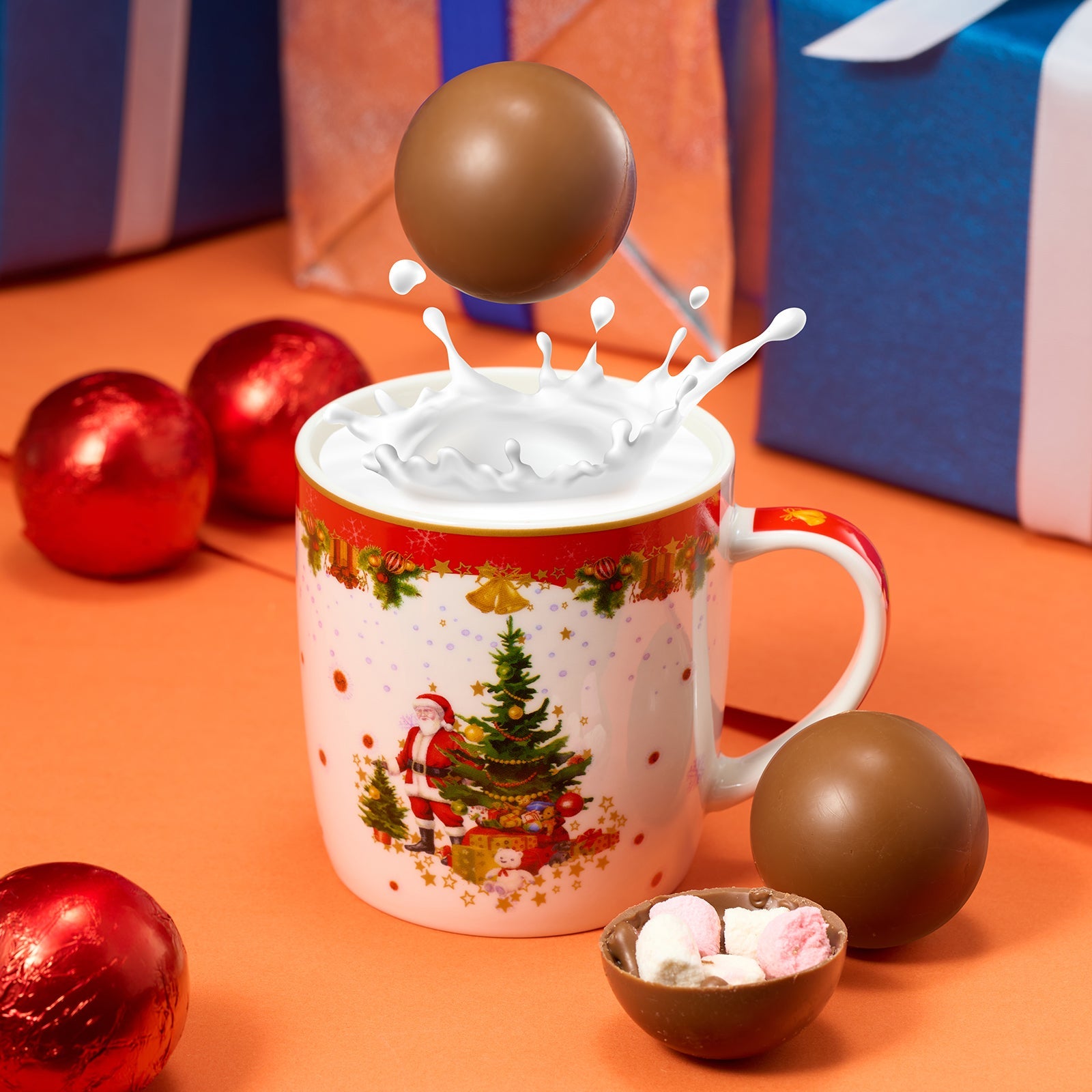 Set of sixteen snowman hot chocolate bombs with milk chocolate, caramel, and fluffy mini marshmallows. — view 3
