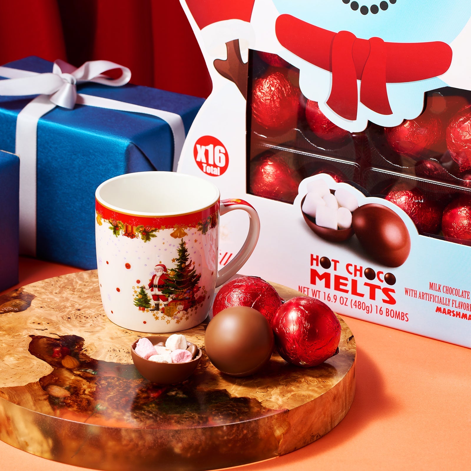 Set of sixteen snowman hot chocolate bombs with milk chocolate, caramel, and fluffy mini marshmallows. — view 4