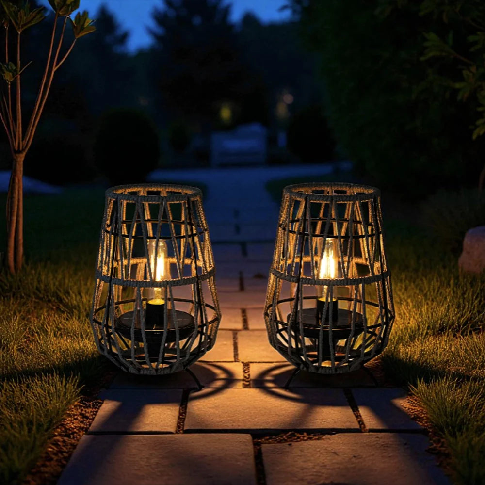 Set of two outdoor solar lanterns with gray rope base and rustic jute hanging handle — view 2