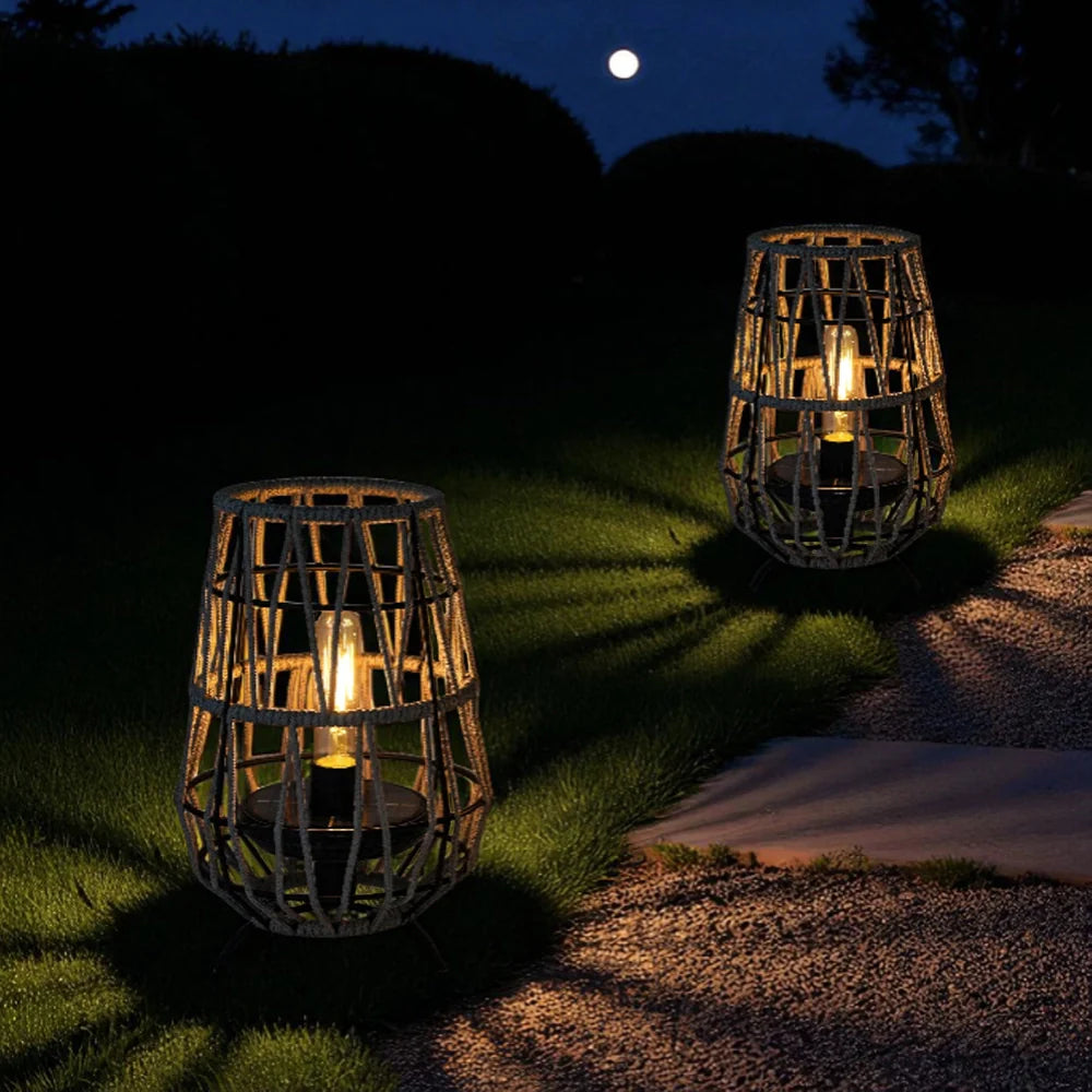 Set of two outdoor solar lanterns with gray rope base and rustic jute hanging handle — view 3