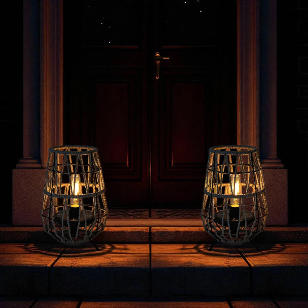Set of two outdoor solar lanterns with gray rope base and rustic jute hanging handle — view 4