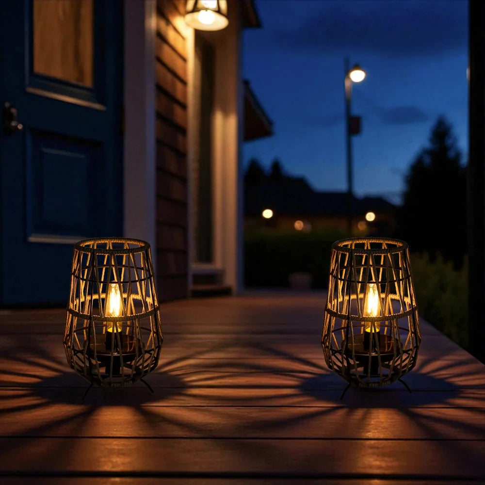 Set of two outdoor solar lanterns with gray rope base and rustic jute hanging handle — view 5