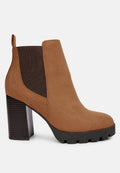 Tan microfiber block heeled Chelsea boots with elastic side gussets and round toe