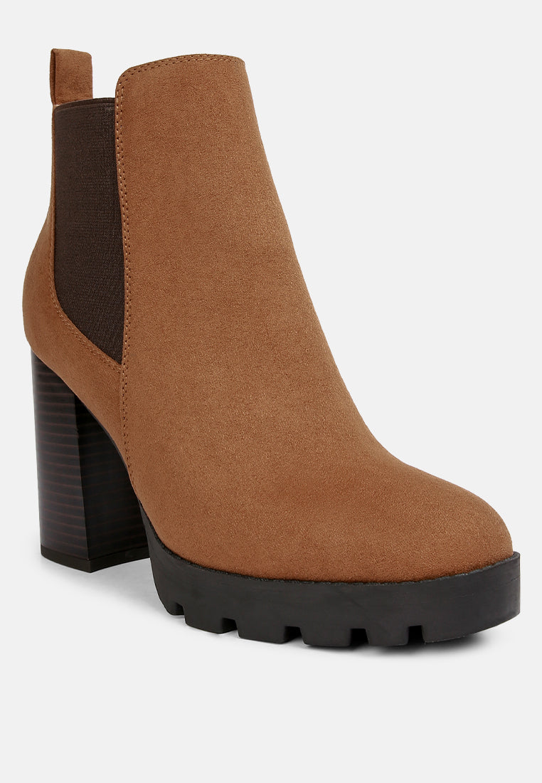 Tan microfiber block heeled Chelsea boots with elastic side gussets and round toe — view 2