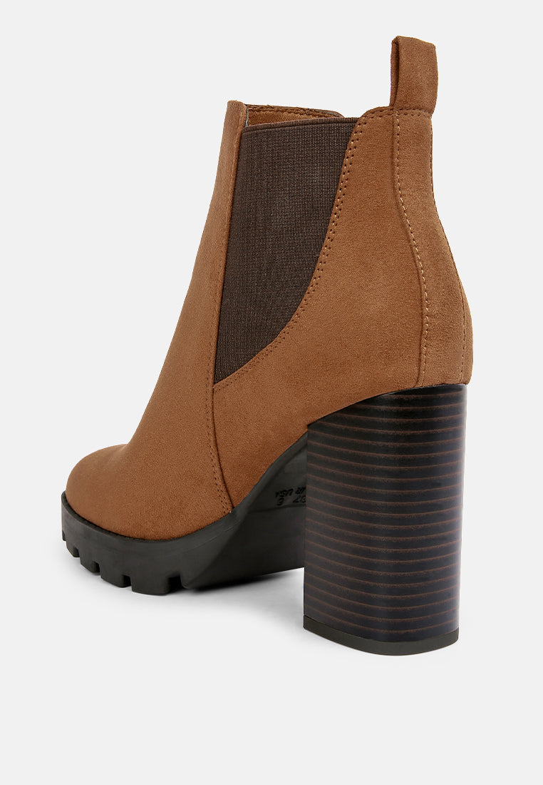 Tan microfiber block heeled Chelsea boots with elastic side gussets and round toe — view 3