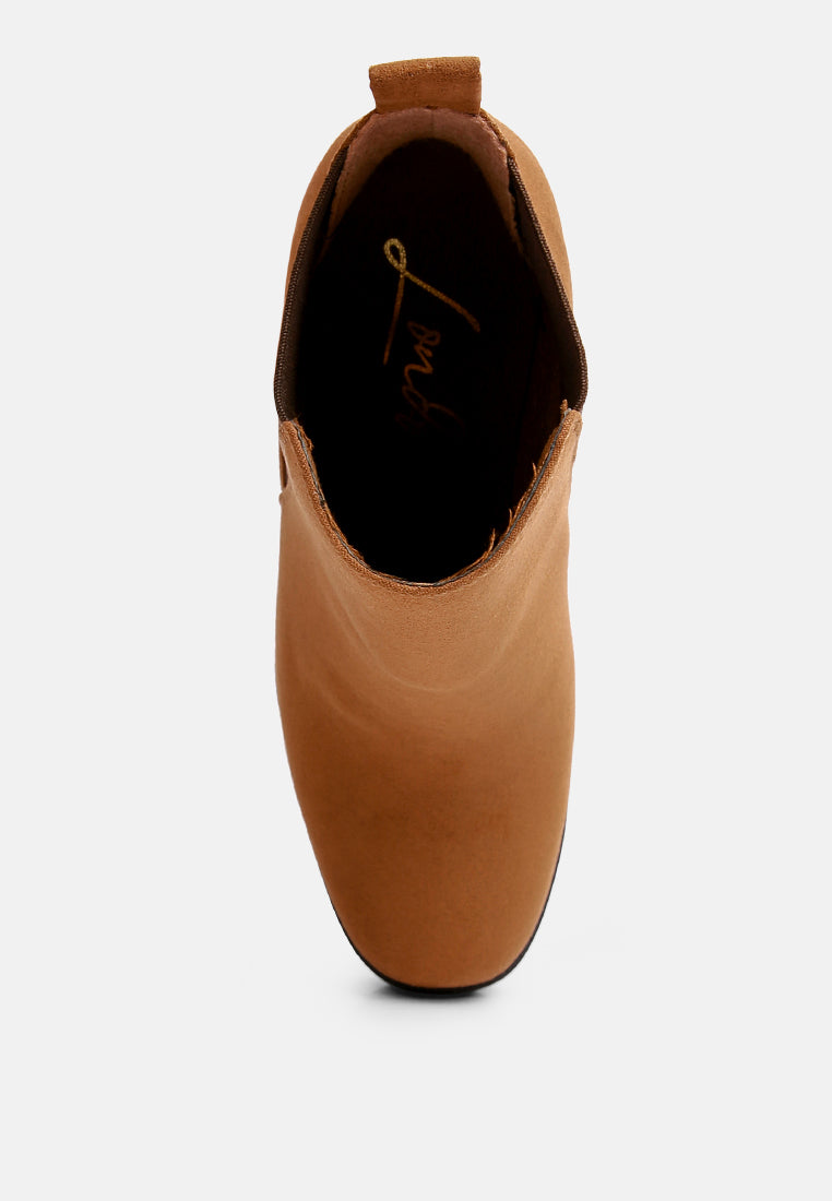 Tan microfiber block heeled Chelsea boots with elastic side gussets and round toe — view 4