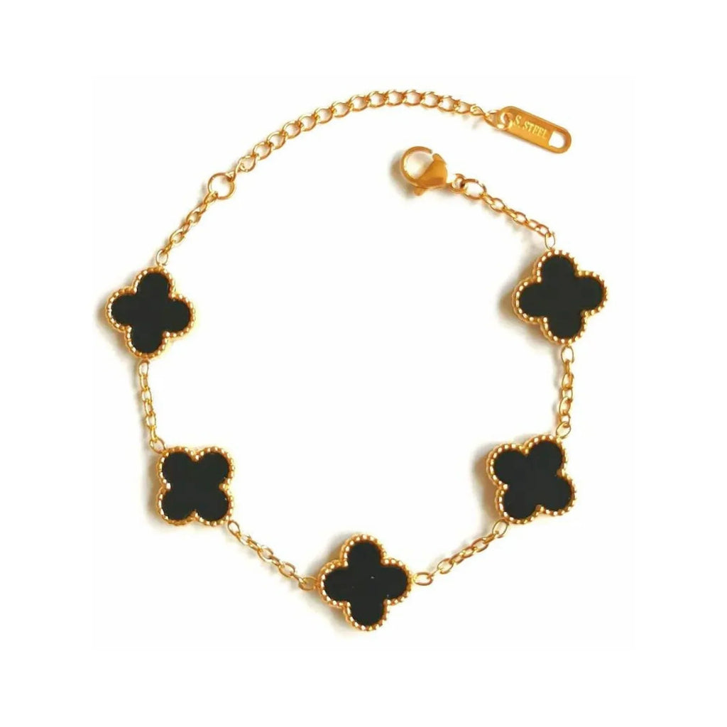 Elegant black four leaf clover charm bracelet featuring a minimalist adjustable band for women