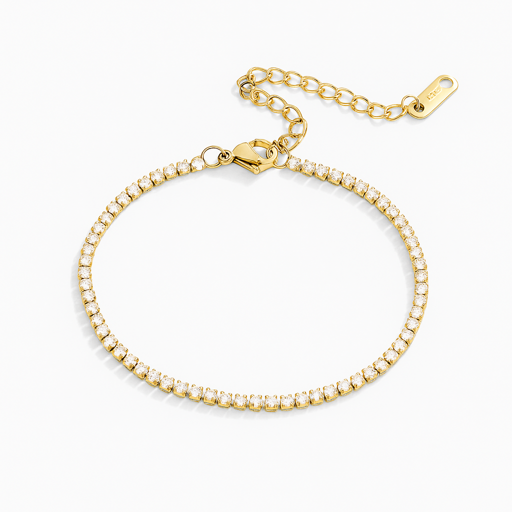 Elegant tennis bracelet with sparkling crystals set in a high-quality gold or silver-tone band.