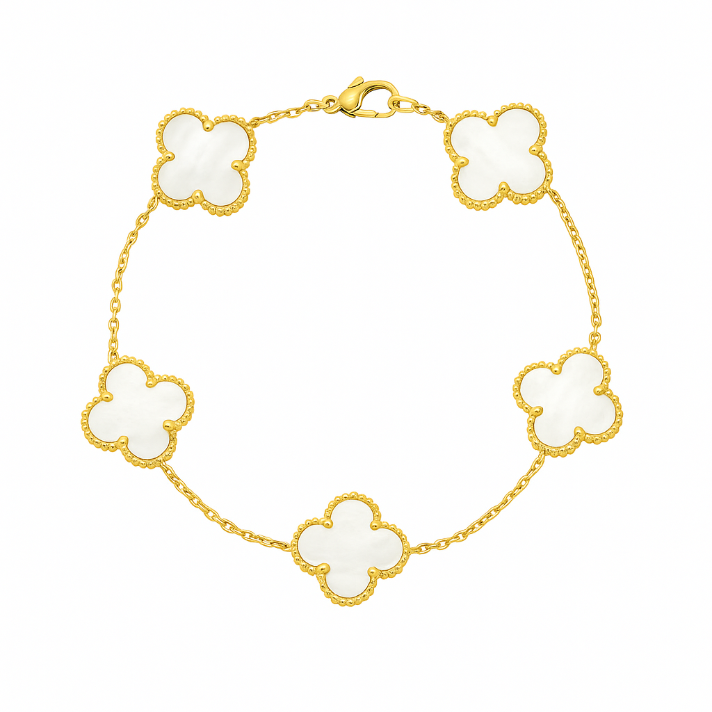 White four-leaf clover lucky charm bracelet on a minimalist adjustable gold-tone chain