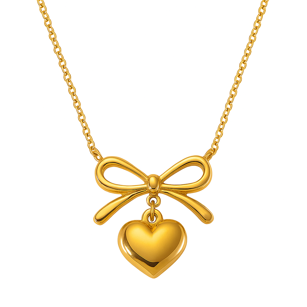 Dainty bow heart pendant necklace with polished finish and adjustable chain for women
