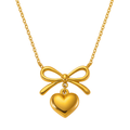 Dainty 18k gold plated bow heart pendant necklace with an adjustable chain on clean background