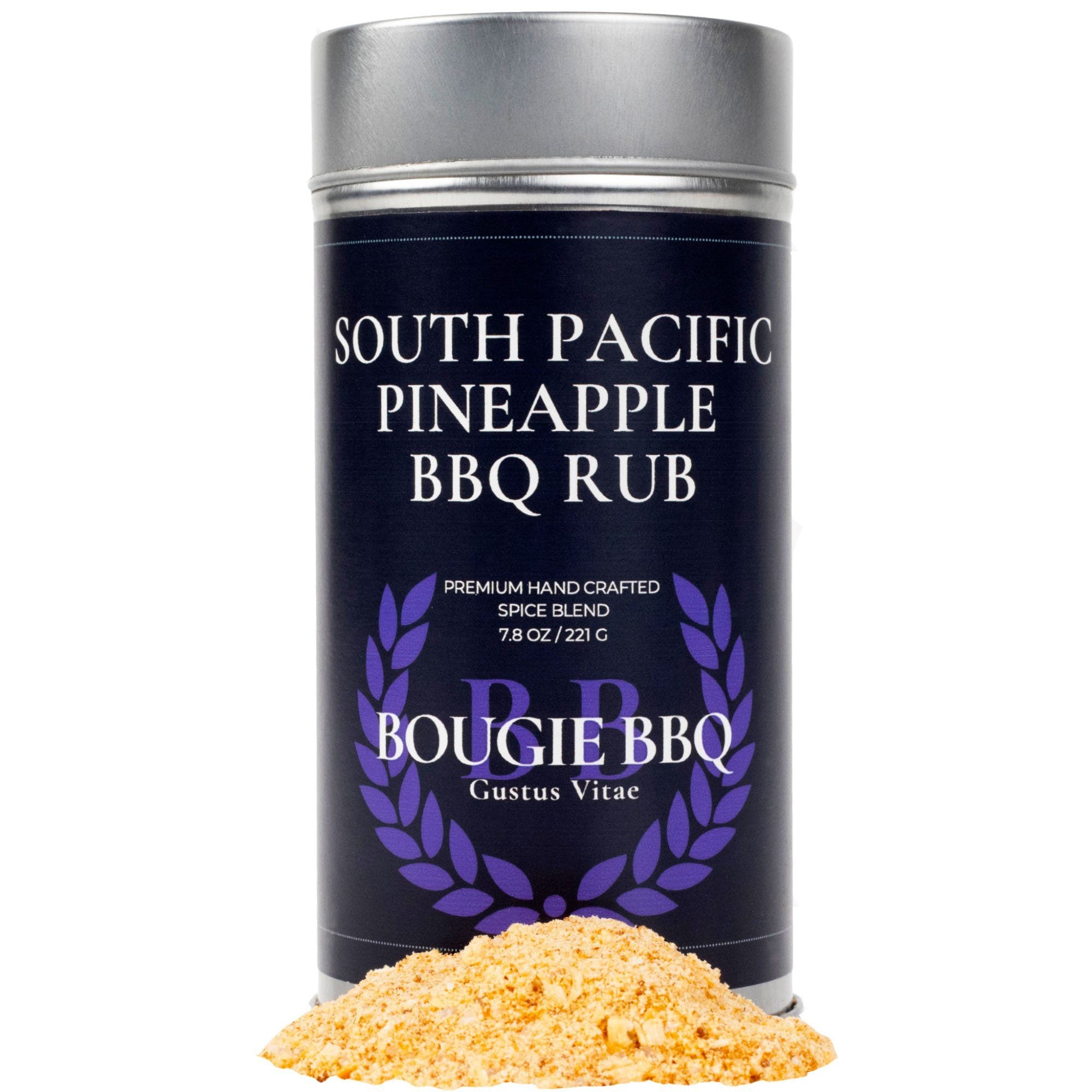 South Pacific Pineapple BBQ Rub gourmet seasoning blend in a premium round metal tin container