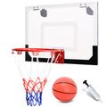 Mini indoor basketball hoop set with shatterproof backboard, heavy-duty metal rim, ball, and pump.