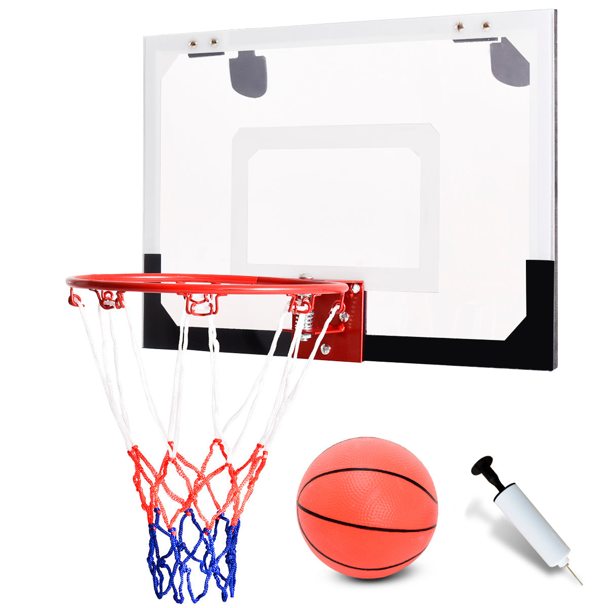 Mini indoor basketball hoop set with shatterproof backboard, heavy-duty metal rim, ball, and pump.